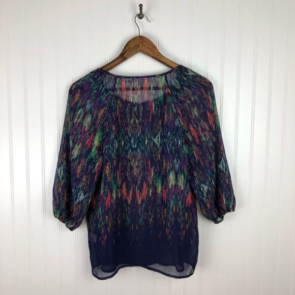 Liz Claiborne Women's Abstract Quarter‎ Sleeve Tie Open Neck Sheer Lined Blouse - Picture 3 of 5